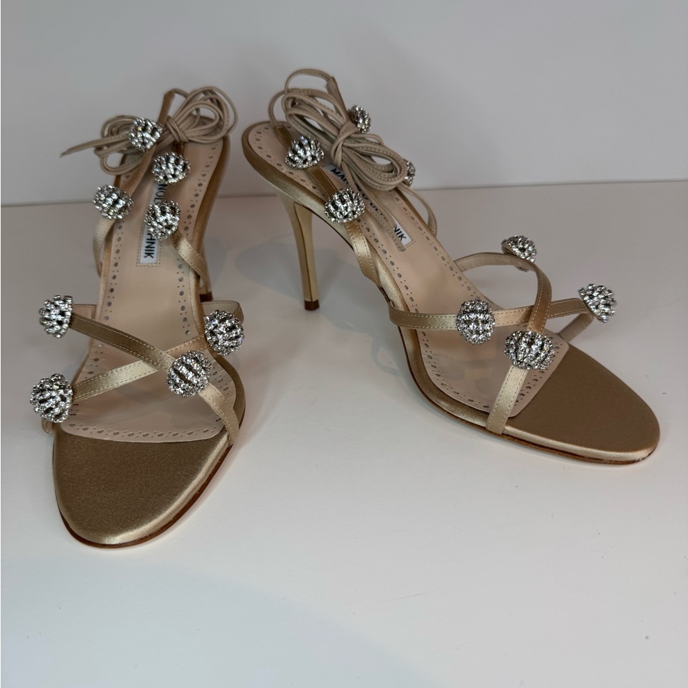 New! Never Worn! Manolo Blahnik Champagne Embellished Strappy Sandals!